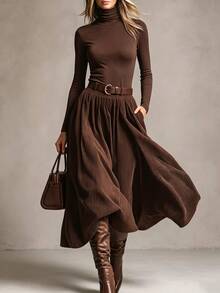Solivie Women's Fall High Neck Long Sleeve Base Layer Top + Skirt Set Clothes Thanksgiving Night Outfit Office Brunch Dark Brown Casual Elegant - Coffee Brown - View 2