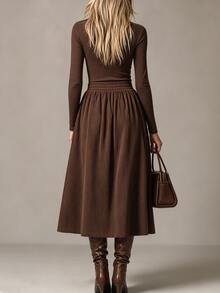 Solivie Women's Fall High Neck Long Sleeve Base Layer Top + Skirt Set Clothes Thanksgiving Night Outfit Office Brunch Dark Brown Casual Elegant - Coffee Brown - View 3