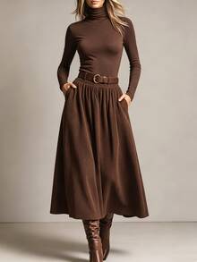 Solivie Women's Fall High Neck Long Sleeve Base Layer Top + Skirt Set Clothes Thanksgiving Night Outfit Office Brunch Dark Brown Casual Elegant - Coffee Brown - View 5