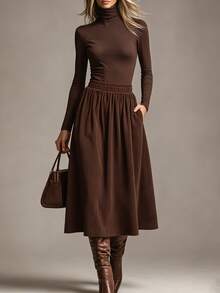Solivie Women's Fall High Neck Long Sleeve Base Layer Top + Skirt Set Clothes Thanksgiving Night Outfit Office Brunch Dark Brown Casual Elegant - Coffee Brown - View 6