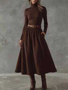 Solivie Women's Fall High Neck Long Sleeve Base Layer Top + Skirt Set Clothes Thanksgiving Night Outfit Office Brunch Dark Brown Casual Elegant - Coffee Brown - View 7