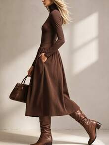 Solivie Women's Fall High Neck Long Sleeve Base Layer Top + Skirt Set Clothes Thanksgiving Night Outfit Office Brunch Dark Brown Casual Elegant - Coffee Brown - View 4