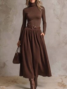 Solivie Women's Fall High Neck Long Sleeve Base Layer Top + Skirt Set Clothes Thanksgiving Night Outfit Office Brunch Dark Brown Casual Elegant - Coffee Brown - View 1