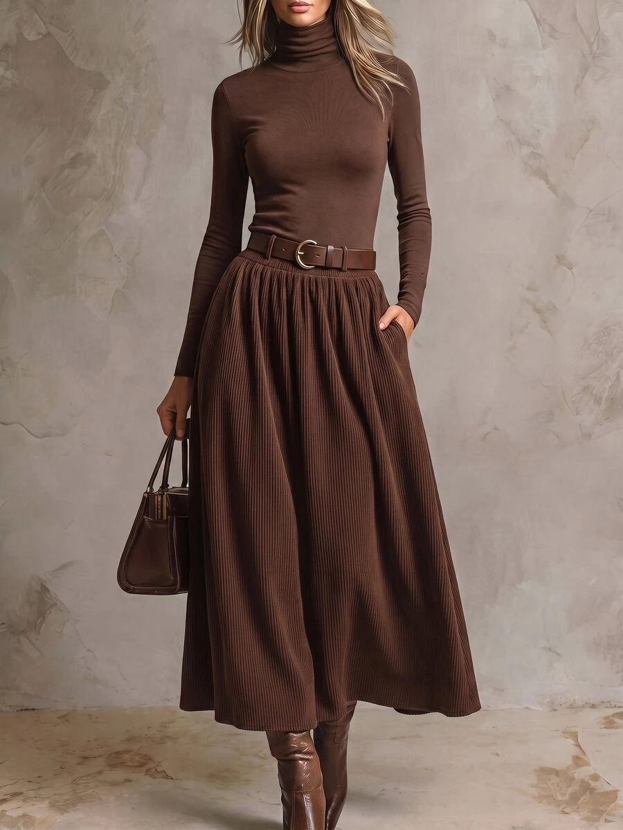 Solivie Women's Fall High Neck Long Sleeve Base Layer Top + Skirt Set Clothes Thanksgiving Night Outfit Office Brunch Dark Brown Casual Elegant - Coffee Brown - View 1