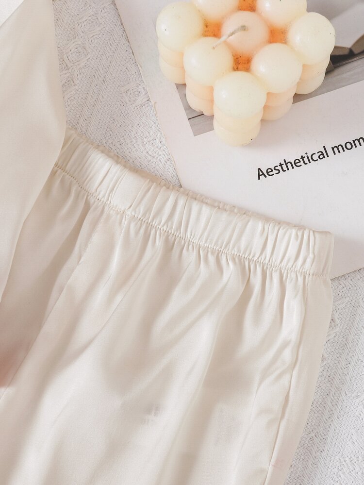 SHEIN Baby Girl Autumn/Winter Satin Apricot & Pink Patchwork Sweet Minimalist Embroidered Pattern Turn Collar Button-Up Ruffle Trim Long Sleeve Pants Comfortable Skin-Friendly Knit Pajama Set 2pcs, Winter Halloween Christmas Fall Outfits - Apricot - View 7