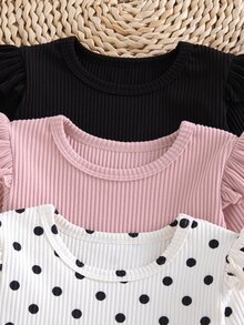 SHEIN Vintaside Kids 3件組女嬰幼童女孩羅紋長袖圓領T恤，可愛甜美白色、粉色、黑色波點荷葉邊，公主風，適合生日派對、秋季穿著 - 彩色 - 查看 5