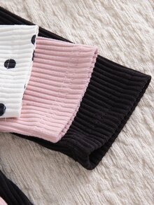 SHEIN Vintaside Kids 3件組女嬰幼童女孩羅紋長袖圓領T恤，可愛甜美白色、粉色、黑色波點荷葉邊，公主風，適合生日派對、秋季穿著 - 彩色 - 查看 4