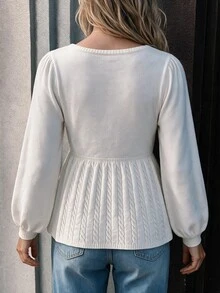 Sprig & Strand Sweater Rajut Pullover Leher Persegi Lengan Lentera Tali Kepang Putih Vintage Elegan Baru Musim Gugur/Dingin untuk Wanita - Putih - View 3