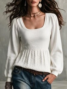 Sprig & Strand Sweater Rajut Pullover Leher Persegi Lengan Lentera Tali Kepang Putih Vintage Elegan Baru Musim Gugur/Dingin untuk Wanita - Putih - View 4