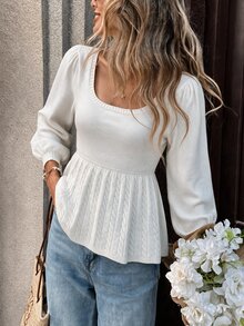 Sprig & Strand Sweater Rajut Pullover Leher Persegi Lengan Lentera Tali Kepang Putih Vintage Elegan Baru Musim Gugur/Dingin untuk Wanita - Putih - View 2