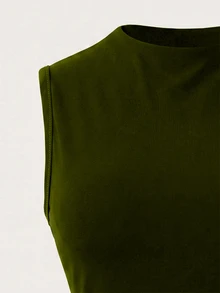 SHEIN 春夏夜店性感優雅修身顯瘦半高領百褶無袖女款洋裝 橄欖綠 - 綠色 - 查看 4