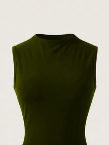 SHEIN 春夏夜店性感優雅修身顯瘦半高領百褶無袖女款洋裝 橄欖綠 - 綠色 - 查看 5
