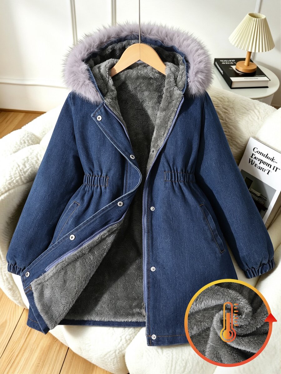 SHEIN 女童休閒連帽牛仔厚外套,收腰設計,側邊斜口袋,彈性袖口,適合上學、購物、散步、旅行、外出,可搭配長袖衫、毛衣、運動褲、長褲 - 藍色 - 查看 1