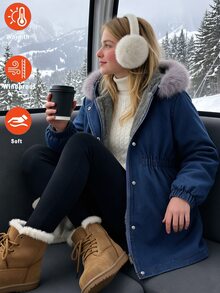 SHEIN 女童休閒連帽牛仔厚外套，收腰設計，側邊斜口袋，彈性袖口，適合上學、購物、散步、旅行、外出，可搭配長袖衫、毛衣、運動褲、長褲 - 藍色 - 查看 2