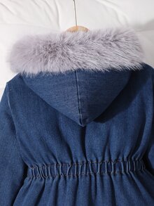 SHEIN 女童休閒連帽牛仔厚外套，收腰設計，側邊斜口袋，彈性袖口，適合上學、購物、散步、旅行、外出，可搭配長袖衫、毛衣、運動褲、長褲 - 藍色 - 查看 7