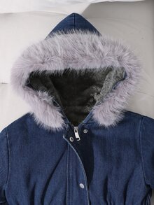 SHEIN 女童休閒連帽牛仔厚外套，收腰設計，側邊斜口袋，彈性袖口，適合上學、購物、散步、旅行、外出，可搭配長袖衫、毛衣、運動褲、長褲 - 藍色 - 查看 4