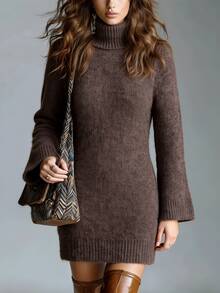 Solivie Women's Autumn/Winter Short Sweater Dress, Coffee Color High Neck Sweater Casual Dresses Graduation Dress - Coffee Brown - View 6