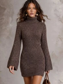 Solivie Women's Autumn/Winter Short Sweater Dress, Coffee Color High Neck Sweater Casual Dresses Graduation Dress - Coffee Brown - View 3