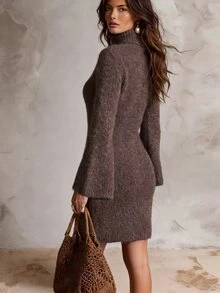 Solivie Women's Autumn/Winter Short Sweater Dress, Coffee Color High Neck Sweater Casual Dresses Graduation Dress - Coffee Brown - View 2