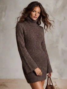 Solivie Women's Autumn/Winter Short Sweater Dress, Coffee Color High Neck Sweater Casual Dresses Graduation Dress - Coffee Brown - View 5