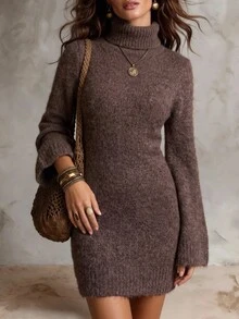 Solivie Women's Autumn/Winter Short Sweater Dress, Coffee Color High Neck Sweater Casual Dresses Graduation Dress - Coffee Brown - View 4
