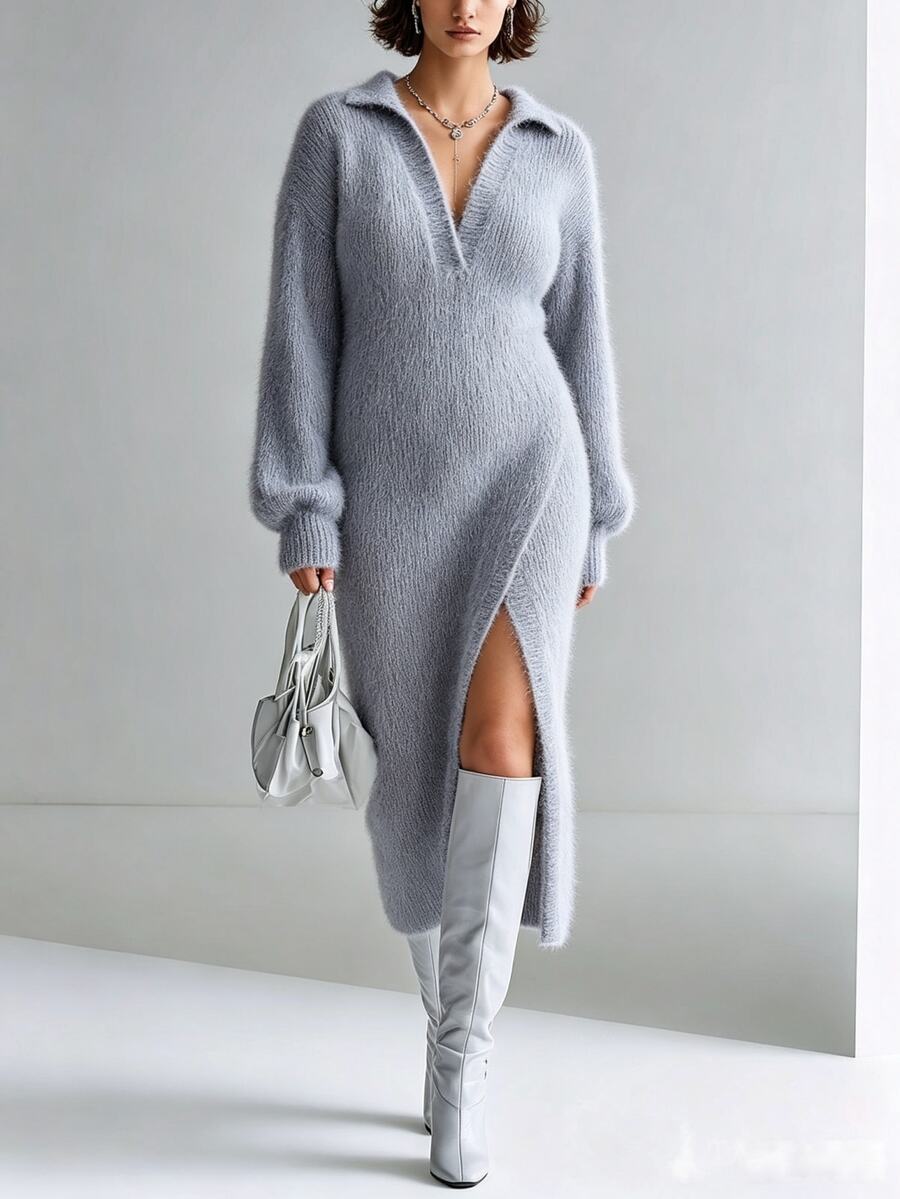 Linhara CURVE Gaun Rajut Tebal Ukuran Besar Model V-Neck Lengan Panjang dengan Belahan Samping Longgar, Cocok untuk Musim Gugur/Dingin - Dusty Blue - View 1