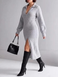 Linhara CURVE Gaun Rajut Tebal Ukuran Besar Model V-Neck Lengan Panjang dengan Belahan Samping Longgar, Cocok untuk Musim Gugur/Dingin - Dusty Blue - View 4