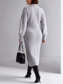Linhara CURVE Gaun Rajut Tebal Ukuran Besar Model V-Neck Lengan Panjang dengan Belahan Samping Longgar, Cocok untuk Musim Gugur/Dingin - Dusty Blue - View 2