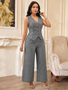SHEIN Lady 女款條紋單排扣背心與寬腿褲休閒專業通勤商務兩件套 教師節 辦公工作 淺灰色 夏季 - 黑色 - 查看 4