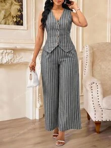 SHEIN Lady 女款條紋單排扣背心與寬腿褲休閒專業通勤商務兩件套 教師節 辦公工作 淺灰色 夏季 - 黑色 - 查看 1