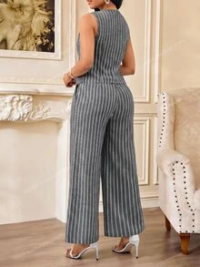 SHEIN Lady 女款條紋單排扣背心與寬腿褲休閒專業通勤商務兩件套 教師節 辦公工作 淺灰色 夏季 - 黑色 - 查看 2