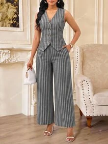 SHEIN Lady 女款條紋單排扣背心與寬腿褲休閒專業通勤商務兩件套 教師節 辦公工作 淺灰色 夏季 - 黑色 - 查看 6