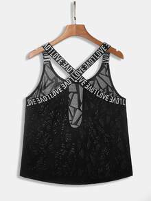 Solea Cove Solea Cove Hollow Out Jacquard Splicing Athletic Tank Top Gym Top - Black - View 2