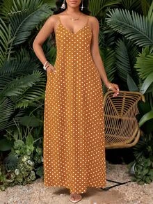 SHEIN Lady Women's Summer Casual Tropical Boho Brown And White Polka Dot Polka Dot Print Spaghetti Strap Dress Picnic Vacation Picnic Vacation Vacation - Mustard Yellow - View 1