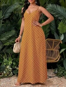 SHEIN Lady Women's Summer Casual Tropical Boho Brown And White Polka Dot Polka Dot Print Spaghetti Strap Dress Picnic Vacation Picnic Vacation Vacation - Mustard Yellow - View 4