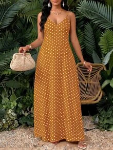 SHEIN Lady Women's Summer Casual Tropical Boho Brown And White Polka Dot Polka Dot Print Spaghetti Strap Dress Picnic Vacation Picnic Vacation Vacation - Mustard Yellow - View 3