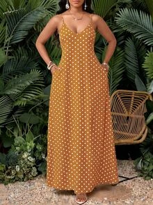 SHEIN Lady Women's Summer Casual Tropical Boho Brown And White Polka Dot Polka Dot Print Spaghetti Strap Dress Picnic Vacation Picnic Vacation Vacation - Mustard Yellow - View 5