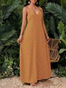 SHEIN Lady Women's Summer Casual Tropical Boho Brown And White Polka Dot Polka Dot Print Spaghetti Strap Dress Picnic Vacation Picnic Vacation Vacation - Mustard Yellow - View 6