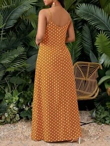 SHEIN Lady Women's Summer Casual Tropical Boho Brown And White Polka Dot Polka Dot Print Spaghetti Strap Dress Picnic Vacation Picnic Vacation Vacation - Mustard Yellow - View 2