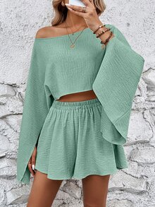Calvaya Women Solid Color Minimalist Cold Shoulder Long Sleeve Top & Shorts Set Fall Cloth For Women - Green - View 4