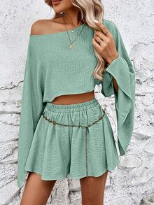 Calvaya Women Solid Color Minimalist Cold Shoulder Long Sleeve Top & Shorts Set Fall Cloth For Women - Green - View 7