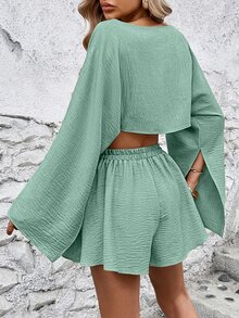 Calvaya Women Solid Color Minimalist Cold Shoulder Long Sleeve Top & Shorts Set Fall Cloth For Women - Green - View 2
