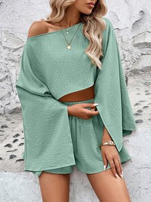 Calvaya Women Solid Color Minimalist Cold Shoulder Long Sleeve Top & Shorts Set Fall Cloth For Women - Green - View 5