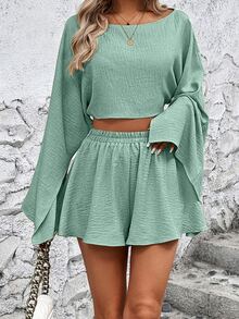 Calvaya Women Solid Color Minimalist Cold Shoulder Long Sleeve Top & Shorts Set Fall Cloth For Women - Green - View 6