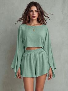 Calvaya Women Solid Color Minimalist Cold Shoulder Long Sleeve Top & Shorts Set Fall Cloth For Women - Green - View 1