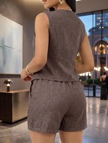 SHEIN Lady 女款優雅商務專業休閒時尚鈕扣背心與口袋短褲兩件套，教師節早午餐辦公室摩卡棕色夏季 - 棕色 - 查看 2