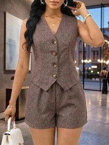 SHEIN Lady 女款優雅商務專業休閒時尚鈕扣背心與口袋短褲兩件套，教師節早午餐辦公室摩卡棕色夏季 - 棕色 - 查看 1