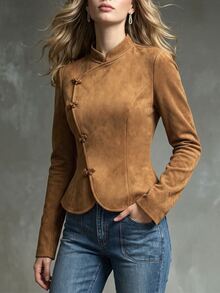 Trelyra 女款新款休閒優雅秋冬新中式盤扣高領長袖夾克，日常穿著辦公室夜生活棕色調 - 棕色 - 查看 5