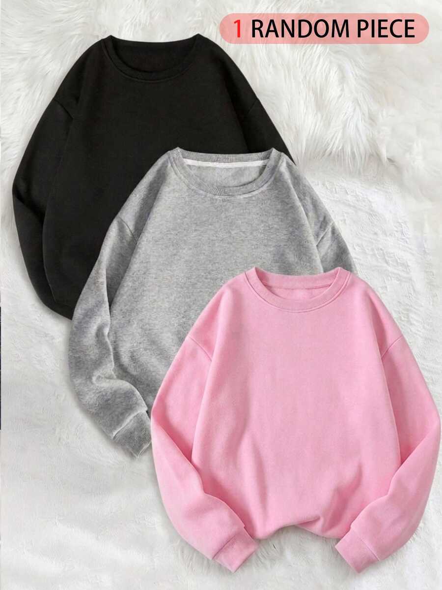 Pakaian Musim Gugur Fleece untuk Anak Perempuan Remaja, Kaos Lengan Panjang Kasual Leher Bulat Warna Polos untuk Sehari-hari, Pakaian Liburan, Sweater - Berwarna merah muda - View 1