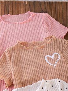 Elladie kids 4件組少女卡其色羅紋愛心印花、粉色純色針織、粉色與白色羅紋印花及愛心波點印花搭配純色針織波浪邊T恤，適合日常穿搭的百搭套頭上衣 - 彩色 - 查看 4